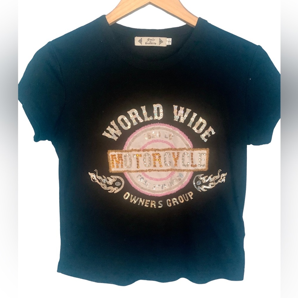 Free For Humanity Y2K Bling T-Shirt Motorcycle Size 2 Medium